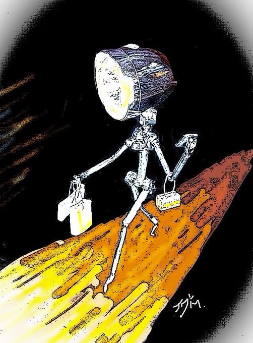 An illustrated sketch of a slender robot-like character with a large cylindrical head, carrying a briefcase and a small case while walking on an orange-yellow surface against a black background, signed 'sky.'