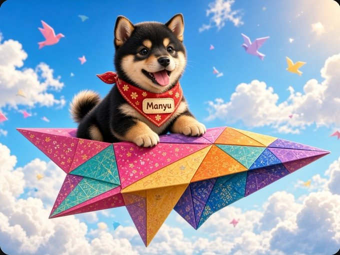 A digital illustration of a smiling Shiba Inu puppy wearing a red bandana labeled "Manyu," sitting atop a colorful geometric paper craft against a bright sky with origami birds and clouds.
