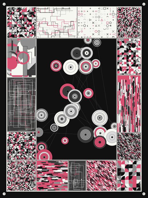A geometric abstract artwork composed of various black, white, gray, and pink panels with patterns including triangles, lines, circles, and grids arranged around a central panel.
