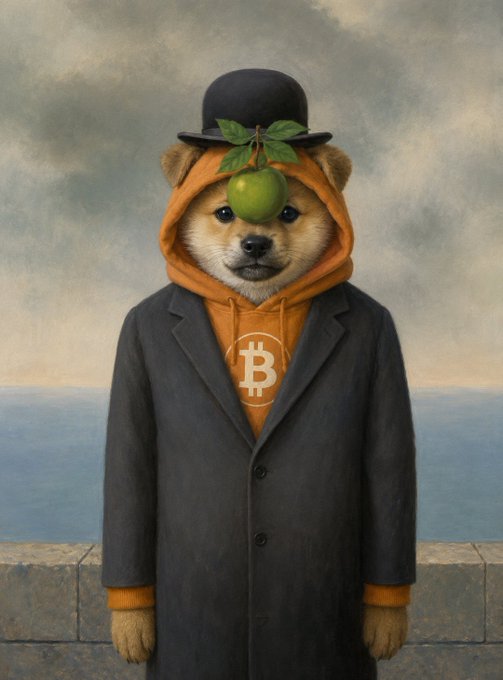 A doge dressed as a Magritte-style "Son of Man" figure wears an orange Bitcoin hoodie beneath a dark coat and bowler hat, with a green apple (adorned with leaves) floating in front of its face—cleverly merging classic surrealism with crypto culture to reframe the "Son of Man" meme as "The DOG of Man," likely referencing Dogecoin (DOGE) alongside Bitcoin (₿).