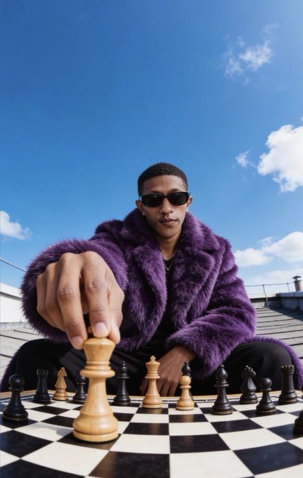 A young man wearing sunglasses and a fuzzy purple jacket plays chess outdoors on a rooftop, reaching to move a king piece on a black and white checkered board against a bright blue sky.