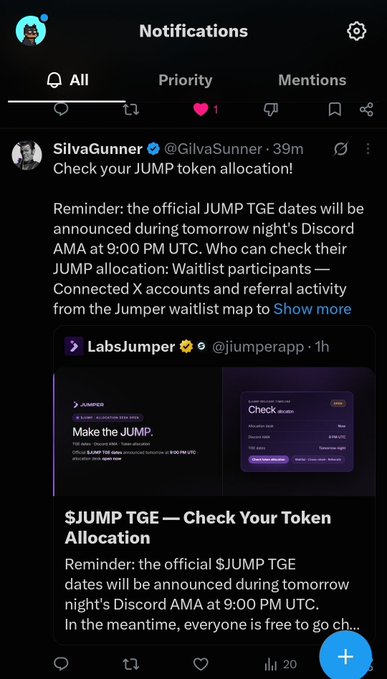 A Twitter/X notifications screen showing a post from SilvaGunner (@GilvaSunner) reminding users to 'Check your JUMP token allocation' for the $JUMP TGE.