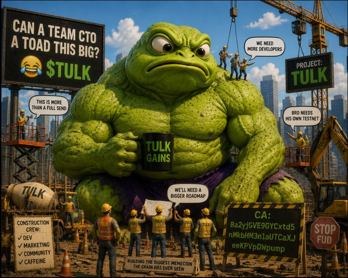 A satirical crypto meme featuring a giant muscular green toad wearing a 'TULK GAINS' shirt, surrounded by construction workers and signs including 'CAN A TEAM CTO A TOAD THIS BIG?', '$TULK', 'PROJECT: TULK', and a contract address labeled 'CA' with 'STOP FUD'.