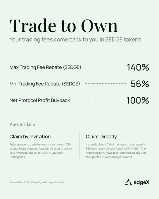 The image shows a banner with text about trading fees and token pools for a cryptocurrency called "Edge". It displays various claim types that can be made by users against the program. The phrase "Trade to Own" suggests that some benefits from this service are reserved for individuals, while the claim types such as "Claim Directly", "Claim By Invitation", and "Implement in our campaign" indicate specific ways people can recover their funds if they choose to do so.