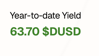 The image displays a "Year-to-date Yield" of 63.70 $DUSD, illustrating the passive rewards earned on DUSD that was simply left untouched in a wallet, as mentioned in the post about claiming accumulated yield on stashed tokens.