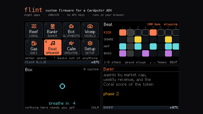 A dark-themed interface for 'flint custom firmware for a Cardputer ADV' with eight apps including Reef, Bankr, Bot, Womp, Gas, Beat, Calm, and Setup, alongside a step sequencer running at 100 bpm.