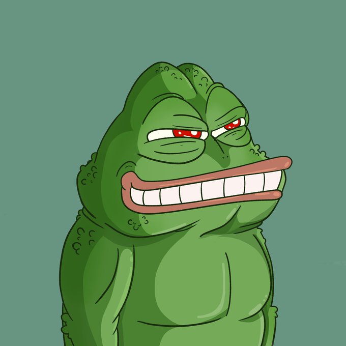 A cartoon illustration of a smirking Pepe the Frog character with red eyes against a teal background.