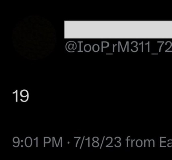 A dark-themed screenshot shows a partial social media post from user "@IooPrM311_72" displaying the number "19" with a timestamp of "9:01 PM · 7/18/23 from Ea[rth]" visible at the bottom.

The image appears to be a screenshot of a user's reply or post dated July 18, 2023, that contains the key figure "19" referenced in the scrapbooking note about "Mr Pool" and XRP.