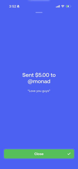 A mobile payment confirmation screen reading 'Sent $5.00 to @monad' with the message 'Love you guys' on a blue background.