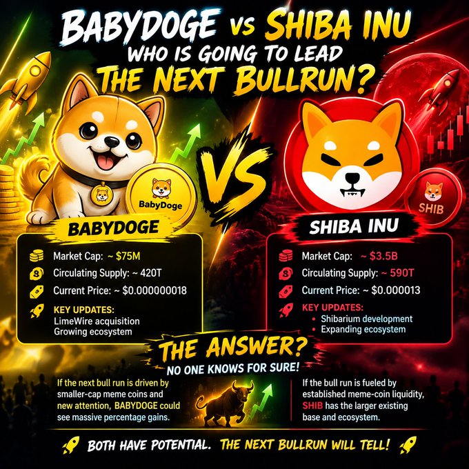 An infographic comparing BabyDoge and Shiba Inu cryptocurrencies, displaying 'BabyDoge vs Shiba Inu: Who is going to lead the next bullrun?', with BabyDoge stats ($75M market cap, ~420T supply) on the left and Shiba Inu stats ($3.5B market cap, ~590T supply) on the right.