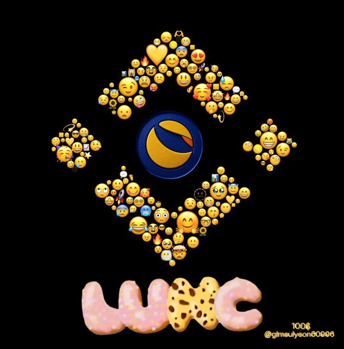 Artistic image featuring the Terra Classic (LUNC) logo surrounded by various emojis arranged in a circular pattern, with stylized 'LUNC' text and the label '100₪ @ghoullyoon00966' at the bottom.