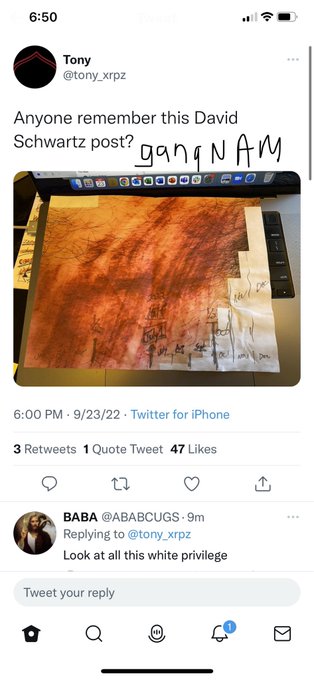 A screenshot of a tweet by Tony (@tony_xrpz) asking 'Anyone remember this David Schwartz post?' with 'gangNAM' written on the image of a drawn artwork, followed by a reply from BABA (@ABABCUGS) saying 'Look at all this white privilege.'