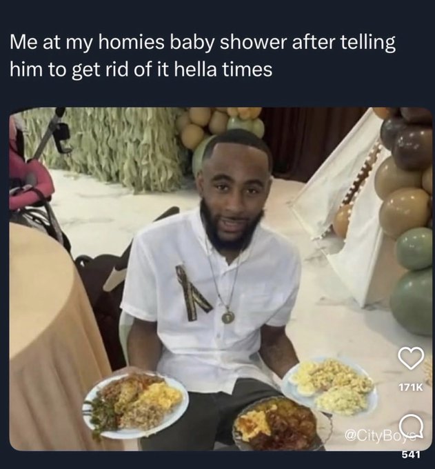 A TikTok screenshot from @CityBoy_ showing a man sitting with plates of food at what appears to be a baby shower, with the caption 'Me at my homies baby shower after telling him to get rid of it hella times' and 171K likes.