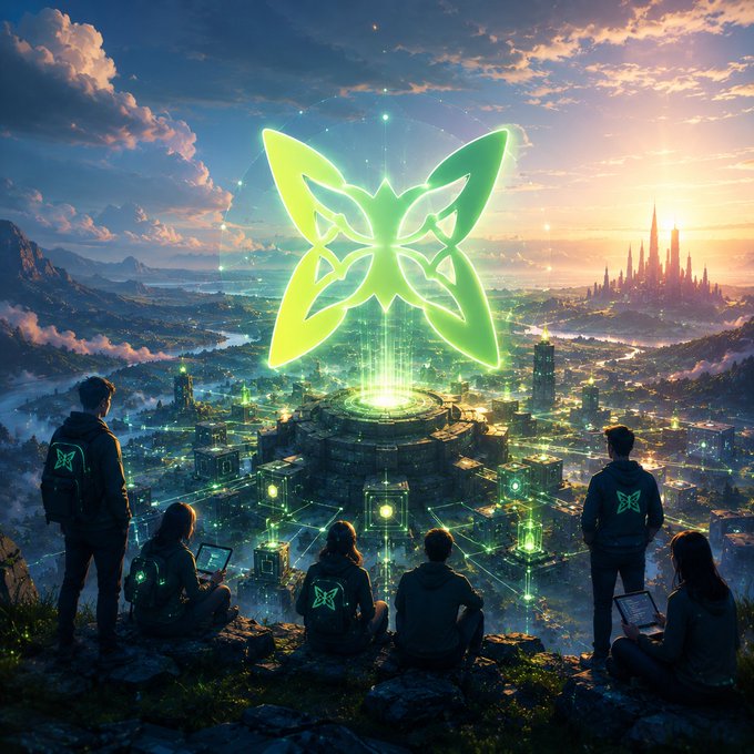 The image features five people sitting on rocks, with one person holding a tablet computer. The group appears to be engaged in an activity or discussion related to technology or science. The scene takes place outdoors, possibly at sunset, creating a serene atmosphere for their gathering.