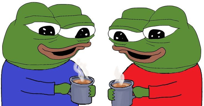 Two Pepe the frog characters share a moment over steaming mugs of coffee, reflecting the sentiment that "Spider loves you, like actually."