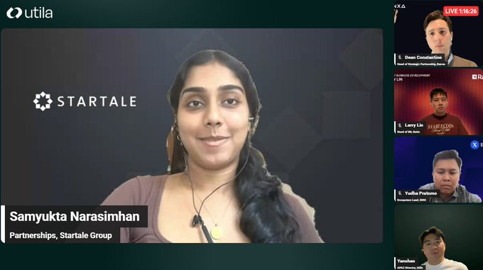 Screenshot of a video conference featuring Samyukta Narasimhan from Partnerships at Startale Group, with the Startale logo visible, alongside smaller panels showing other participants.