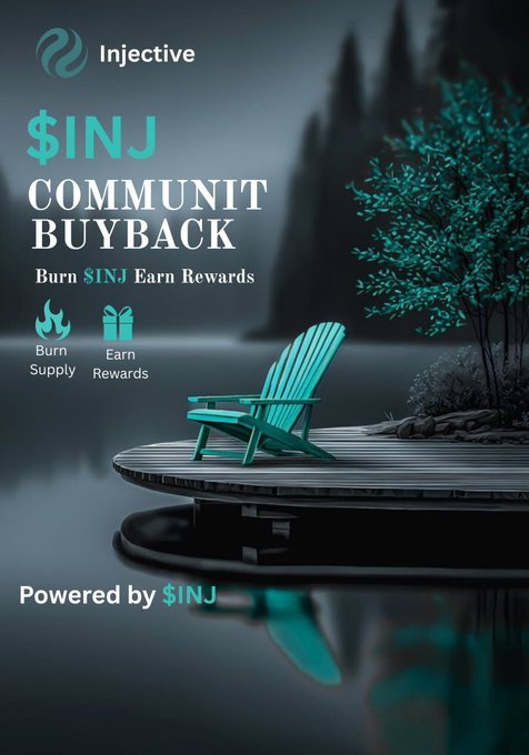 Promotional graphic for Injective's $INJ Community Buyback program with the text 'Burn $INJ Earn Rewards' and 'Burn Supply / Earn Rewards' beside a teal Adirondack chair on a lakeside dock.