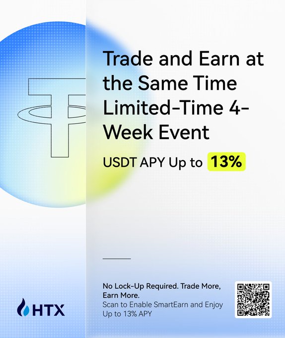 HTX promotional graphic advertising a limited 4-week event where users can trade and earn simultaneously, offering up to 13% USDT APY with no lock-up required. The ad features the HTX logo, a QR code, and headlines "Trade and Earn at the Same Time Limited-Time 4-Week Event" alongside details on SmartEarn benefits.