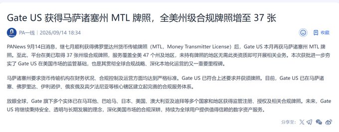 PA News article announcing that Gate US has obtained a Massachusetts Money Transmitter License (MTL), bringing its total US state-level compliance licenses to 37 across 47 states.