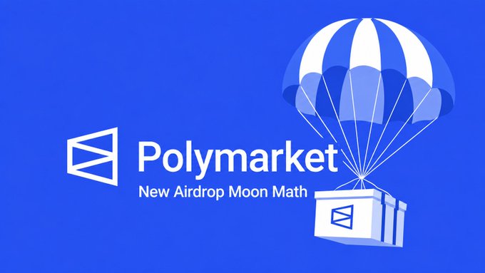 The image depicts the Polymarket logo and the text "New Airdrop Moon Math", with a parachute dropping a box, visually representing an upcoming airdrop. This image directly relates to the post about calculating the potential value of the Polymarket airdrop.