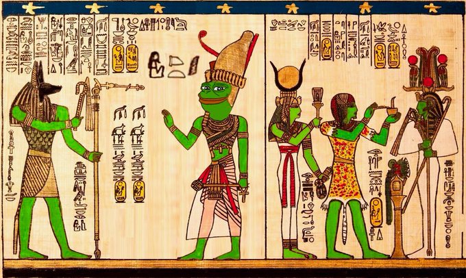 The image depicts an ancient Egyptian papyrus-style illustration featuring figures with green skin, hieroglyphics, and deities, including a frog-like character in elaborate attire. The artwork cleverly connects to the post's $PEPE meme campaign by portraying the frog figure in royal Egyptian regalia, tying the meme's frog mascot to the classic Pepe aesthetic in a historical setting.