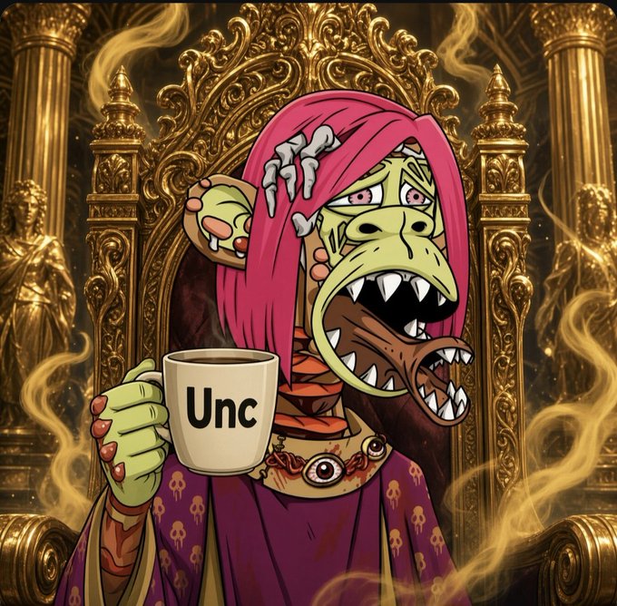 A digital illustration of a green, monstrous, zombie-like character with pink hair, fangs, and a skeletal hand on its head, sitting on an ornate golden throne while holding a mug labeled 'Unc'.
