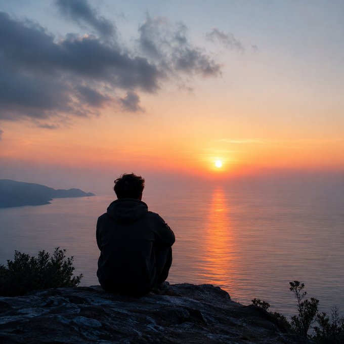 A silhouette of a person sitting on a cliff overlooking the ocean at sunset, with the sun reflecting on the water.