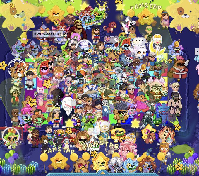 A densely packed pixel art scene featuring numerous colorful character avatars arranged on a map, with 'KANSTAR' text visible and chat messages like 'Bow Quality?' appearing above the crowd.
