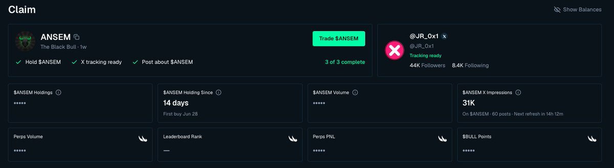 A dark-themed dashboard for claiming $ANSEM token rewards shows a user profile (@JR_0x1) with 44K followers, $ANSEM holdings for 14 days, 31K $ANSEM X impressions, and tracking requirements (3 of 3 complete).