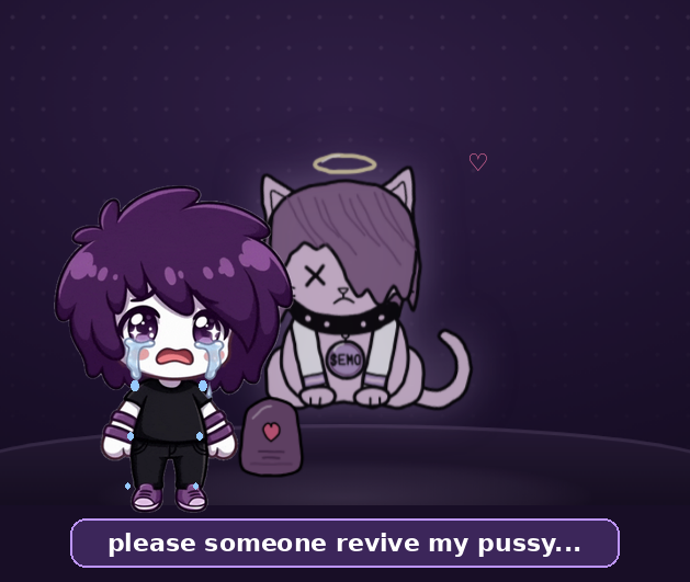 A cartoon illustration of a crying child standing next to a gravestone with a heart, beside a deceased cat with a halo, accompanied by the text "please someone revive my pussy..."