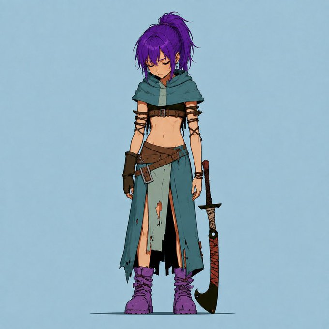 A stylized anime character with purple hair, a teal hooded outfit, and a large sword stands against a blue background, fitting the "rejected even before mint" NFT theme as a rejected crypto art piece.