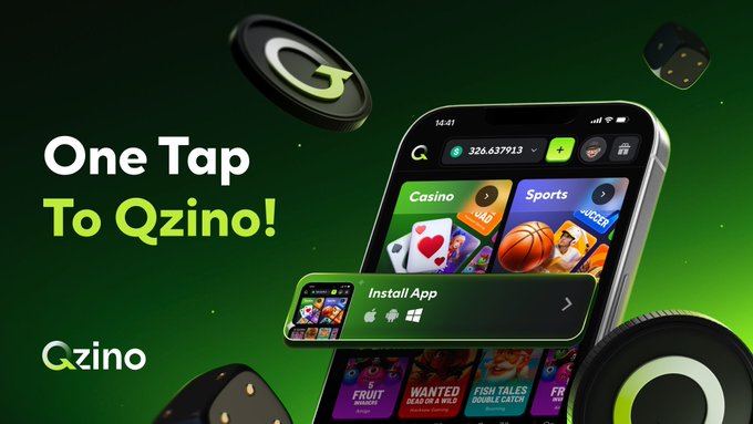 A promotional banner for Qzino displays the text 'One Tap To Qzino!' next to a smartphone showing a casino and sports betting app interface.
