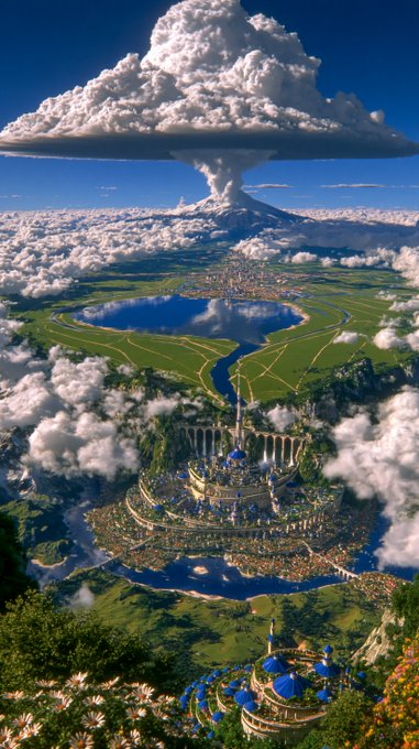 A fantastical landscape features a massive mushroom-cloud-like formation above a towering volcano, overlooking a circular lake and an elaborate fantasy city with domed buildings.