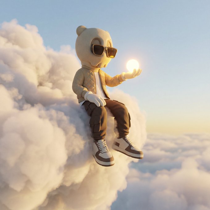A 3D-rendered anthropomorphic bear character wearing sunglasses, a quilted jacket, and sneakers, sitting on a fluffy cloud while holding a glowing orb in its hand.