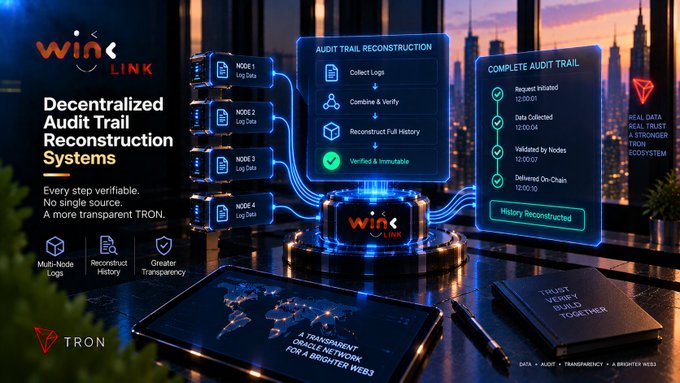 A promotional graphic for 'WinLink' highlighting 'Decentralized Audit Trail Reconstruction Systems' on the 'TRON' blockchain, featuring a futuristic cityscape and flow diagrams.