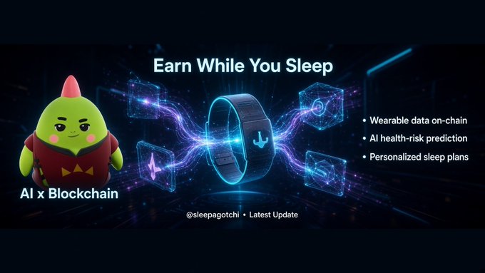 A promotional graphic for the "AI x Blockchain" project Sleepagotchi features a green mascot character alongside a glowing wearable device, promoting an "Earn While You Sleep" concept with on-chain wearable data, AI health-risk prediction, and personalized sleep plans. The futuristic blue-toned design visualizes the fusion of health tech and blockchain, aligning with the post's vision of rewarding rest through wearable devices and AI.