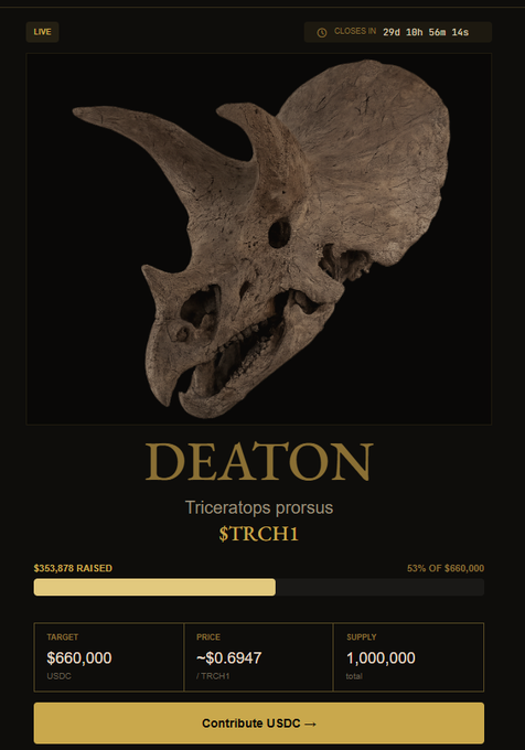 A cryptocurrency token sale page for "DEATON" featuring a Triceratops skull fossil, raising $353,878 (53%) of its $660,000 USDC target, with a token price of ~$0.6947 and a supply of 1,000,000 $TRCH1 tokens.