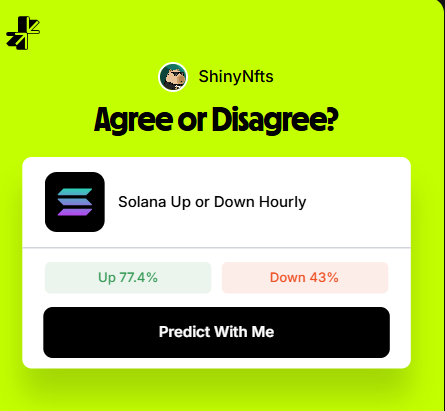 A green card from ShinyNfts asking 'Agree or Disagree?' about 'Solana Up or Down Hourly' with 77.4% predicting Up and 43% predicting Down, plus a 'Predict With Me' button.