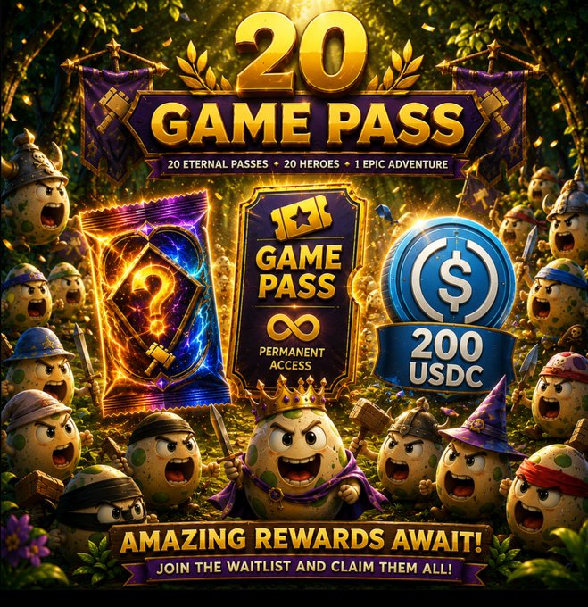 A colorful promotional graphic advertises a '20 GAME PASS' featuring '20 ETERNAL PASSES, 20 HEROES, 1 EPIC ADVENTURE' along with a '200 USDC' reward, surrounded by cartoon potato characters and the text 'AMAZING REWARDS AWAIT! JOIN THE WAITLIST AND CLAIM THEM ALL!'.