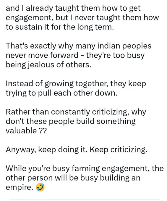 A social media post in English criticizes jealousy and short-sightedness, stating that critics are 'farming engagement' while others are 'busy building an empire' with a laughing emoji.