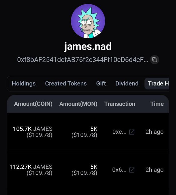 A profile page for "james.nad" (wallet 0xf8bAF2541defAB76f2c344Ff10cD6d4Ef...) shows recent trades in $JAMES token, with two 5K MON ($109.78) purchases made 2 hours ago for 105.7K and 112.27K JAMES, supporting the post's claim of active buying.