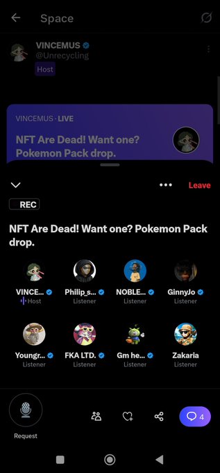 A screenshot of a Twitter/X Space hosted by @Unrecycling (VINCEMUS) titled 'NFT Are Dead! Want one? Pokemon Pack drop.' with multiple listeners joined.