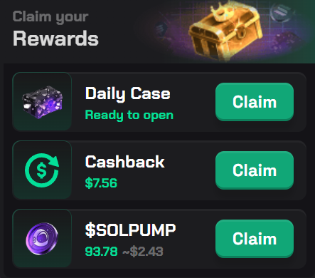 A "Claim your Rewards" interface displays three available claims: a Daily Case marked "Ready to open," $7.56 in Cashback, and $SOLPUMP valued at 93.78 (~$2.43). The rewards align with the post's mention of dropping a SOL address, likely as crypto/gambling winnings from the featured $2000 wager contest stream.