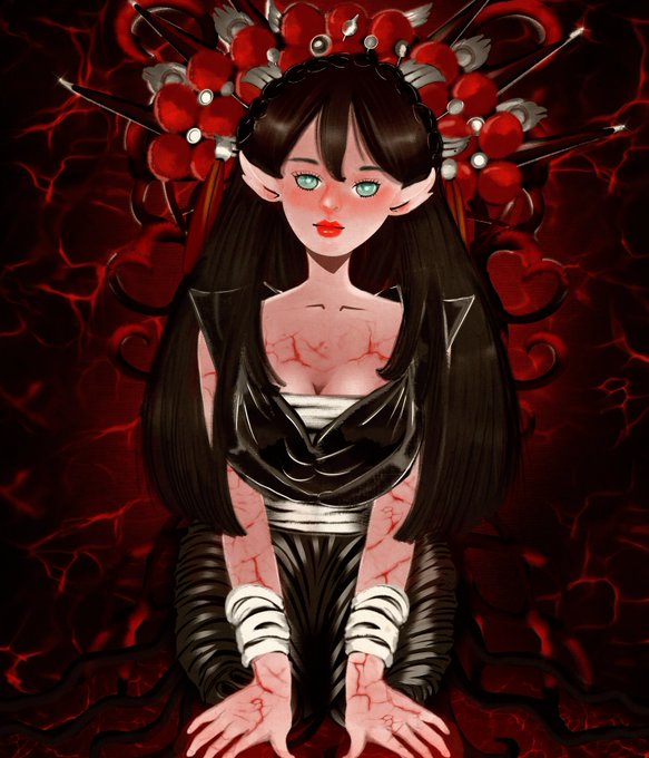 The image features a woman with long hair wearing a black dress and a red headband adorned with white flowers. She has bruises on her arms and legs, suggesting she may have been involved in some sort of conflict or altercation. The background is dark and red, which contrasts with the woman's attire and further emphasizes her presence in the image. The caption reads "NEW ART My first drop on @TransientLabs I Was An Extra".