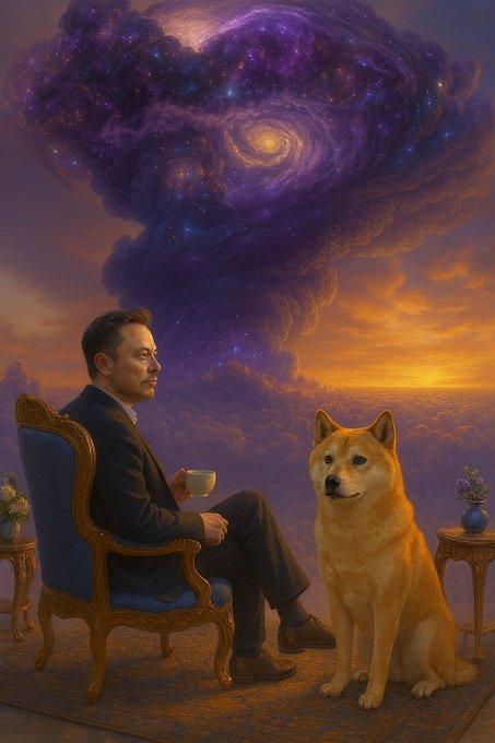 A surreal digital painting depicts a man in a suit sitting in an ornate chair holding a teacup, accompanied by a Shiba Inu dog, with a dramatic cosmic galaxy swirling in the sky above them.