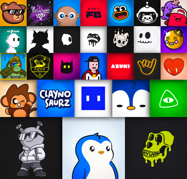 A grid of NFT avatars from various collections, featuring stylized cartoon characters including bears, monkeys, and pixel art figures with names like 'Clayno Saurz' and 'AZUKI'.