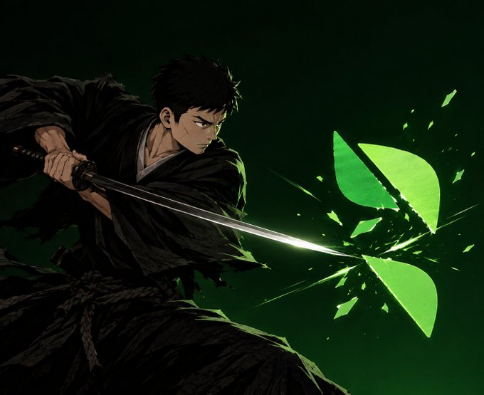 An anime-style illustration of a dark-haired swordsman in black robes drawing a glowing green-bladed sword against a dark green background.