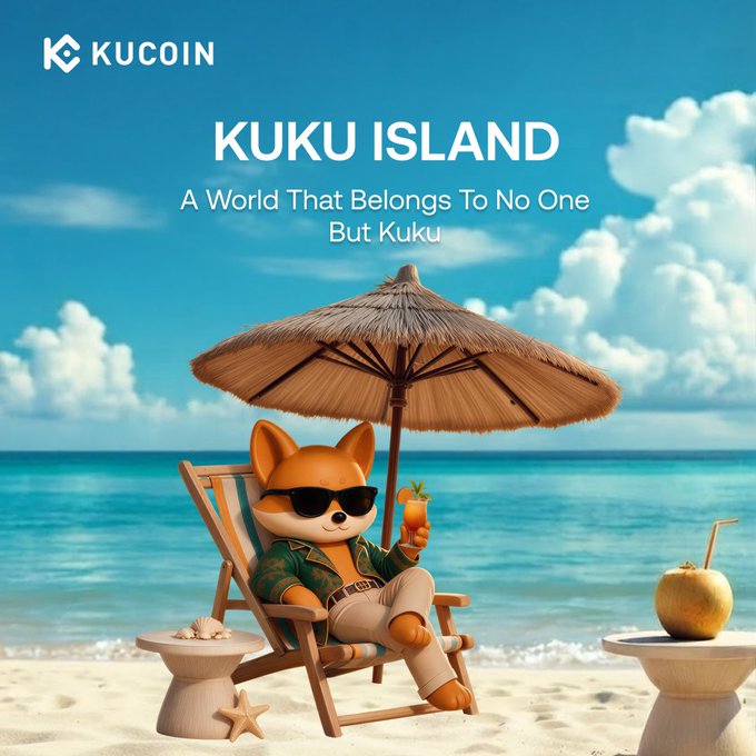 A KuCoin promotional image showing 'KUKU ISLAND' with a Shiba Inu dog mascot relaxing on a beach chair under an umbrella.