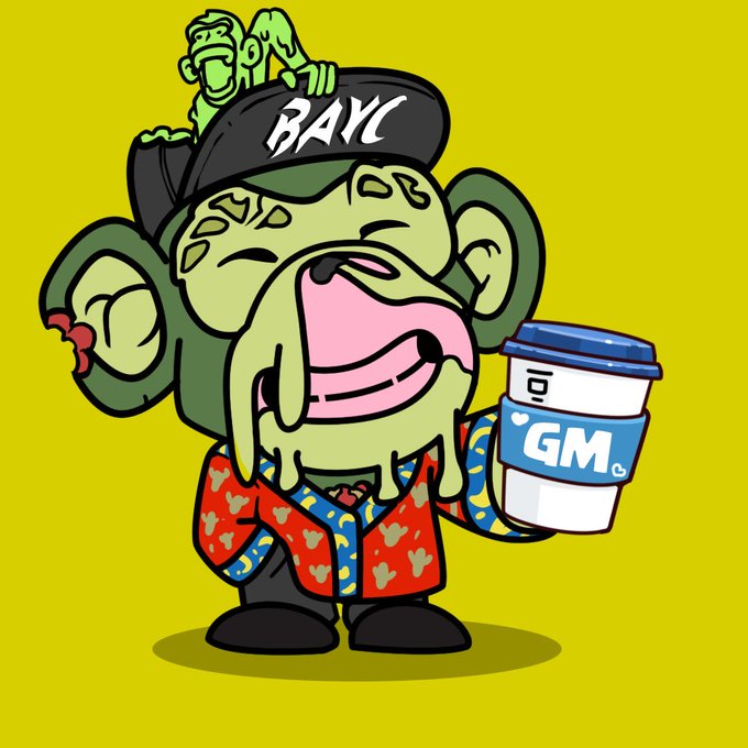 A cartoon illustration of a Bored Ape-style character wearing a 'BAYC' cap and holding a coffee cup labeled 'GM' against a yellow background, with a small green monkey on its hat.