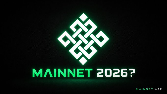 A green glowing geometric logo on a black background with text reading 'MAINNET 2026?' and 'MAINNET ARC' in the corner.